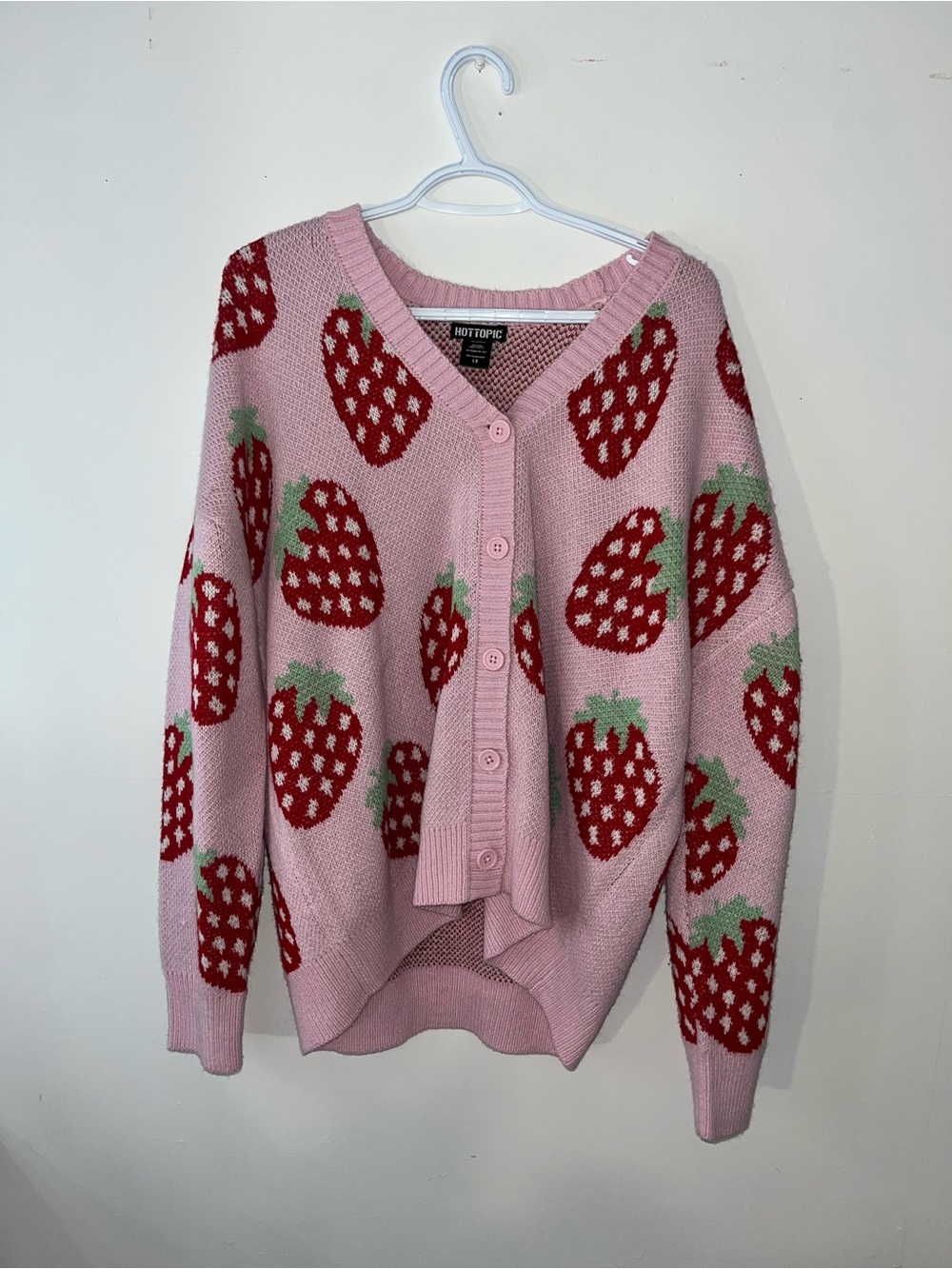 Hot Topic Pink Cardigan with Red Strawberry Motif